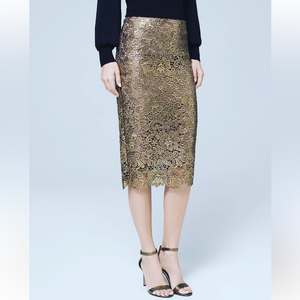 White House Black Market Gold Lace Midi Pencil Skirt-Scalloped Metallic Floral